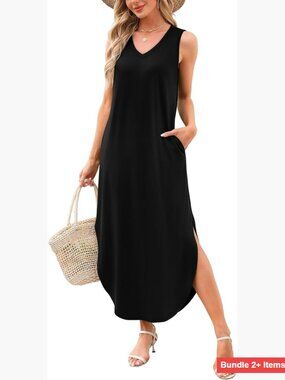 Maxi Dress Sleeveless V-Neck Long Summer Beach Sundress with Pockets